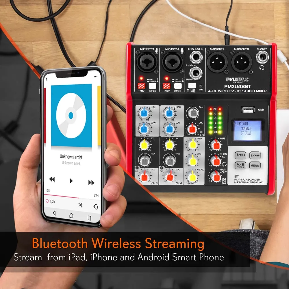 4-Ch. Bluetooth Studio Mixer - Pro Audio Digital Dj Audio Mixer Console ( 48V Phantom Power)
