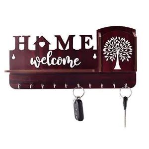 Aditya Handicrafts Welcome & Home Unique Key Holder With Mobile Holder & Charging Stand Cloth Toval & Mask Hanger Watch Wallet Showpiece Storage Self Wooden Handcrafted Home & Office Decoration (10 Hooks, Wooden)