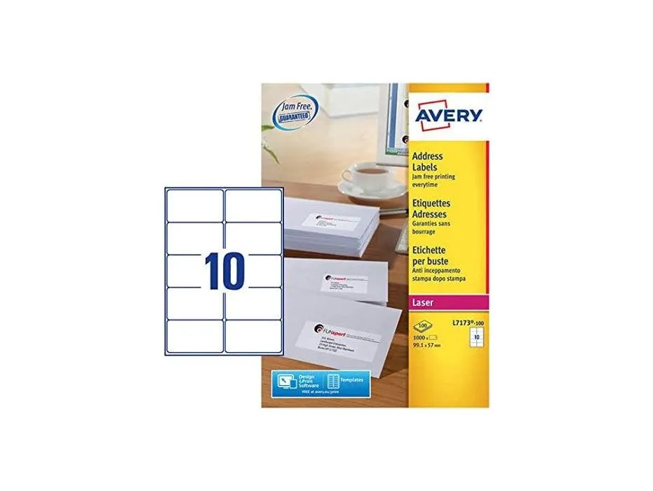 Avery L7173-100 Address Labels for Laser Printers, 99.1 x 57.0 mm, 10 Labels Per A4 Sheet, 100 Sheets