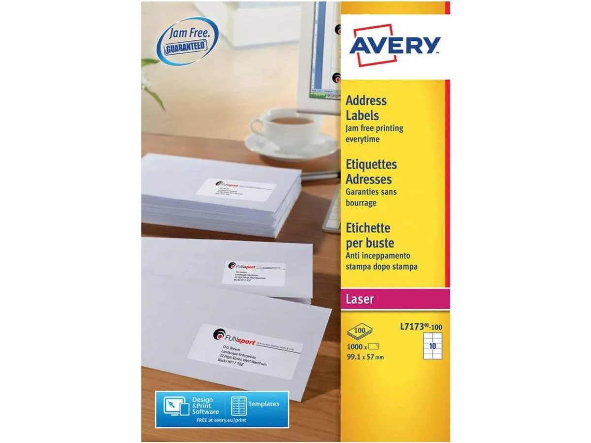 Avery L7173-100 Address Labels for Laser Printers, 99.1 x 57.0 mm, 10 Labels Per A4 Sheet, 100 Sheets