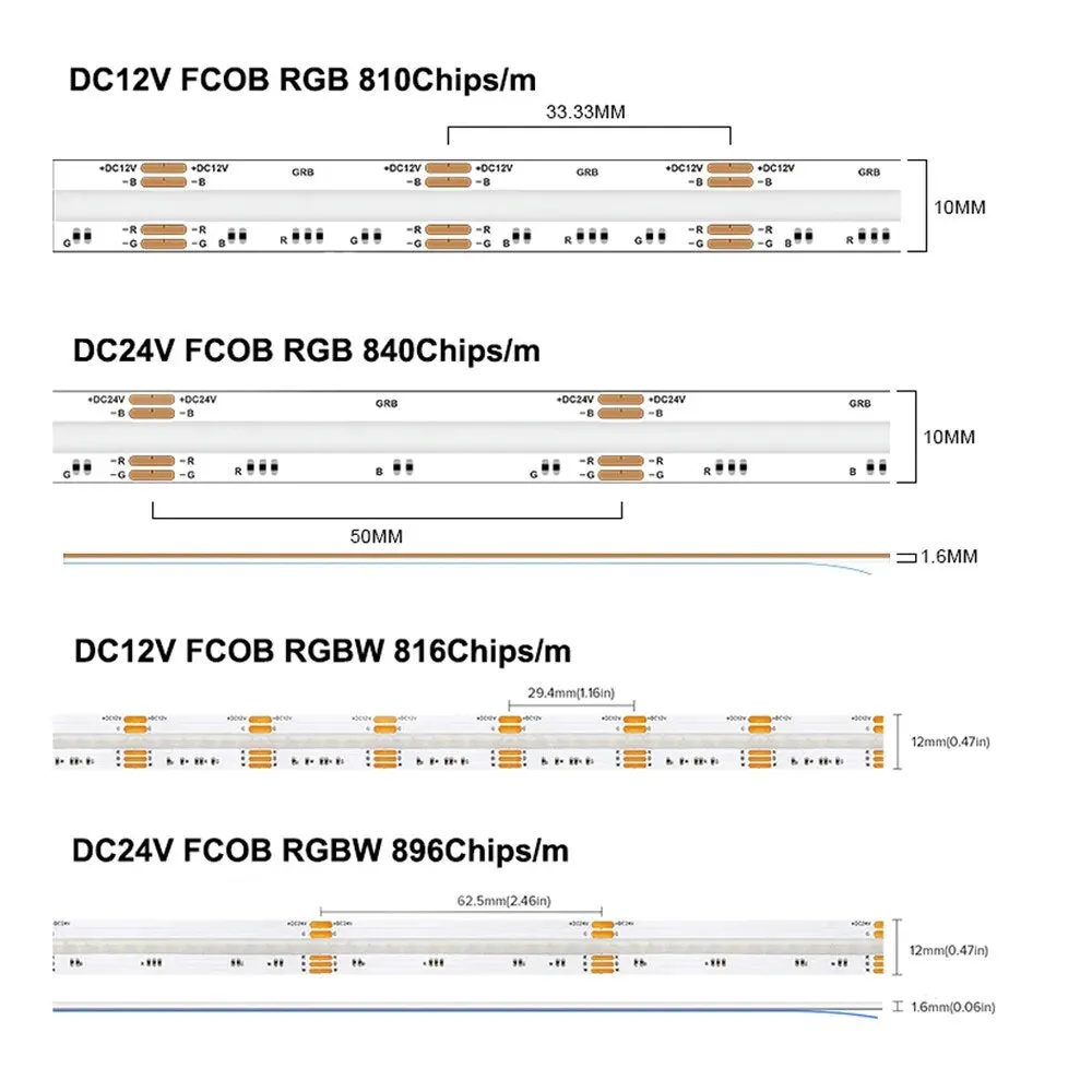 FCOB RGB RGBW LED Light Strip 12V 810 896 24V 840 896 LED Flexible FOB COB 10mm 4pin 12mm 5pin Lights High Density RA90 Dimmable