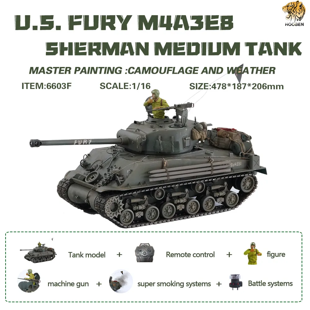 Hooben 1/16 US FURY M4A3E8 Sherman Medium Tank RTR No.6603