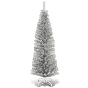 modern 6FT Silver Tinsel Tree Unlit Slim Pencil Christmas Tree Metal Silver