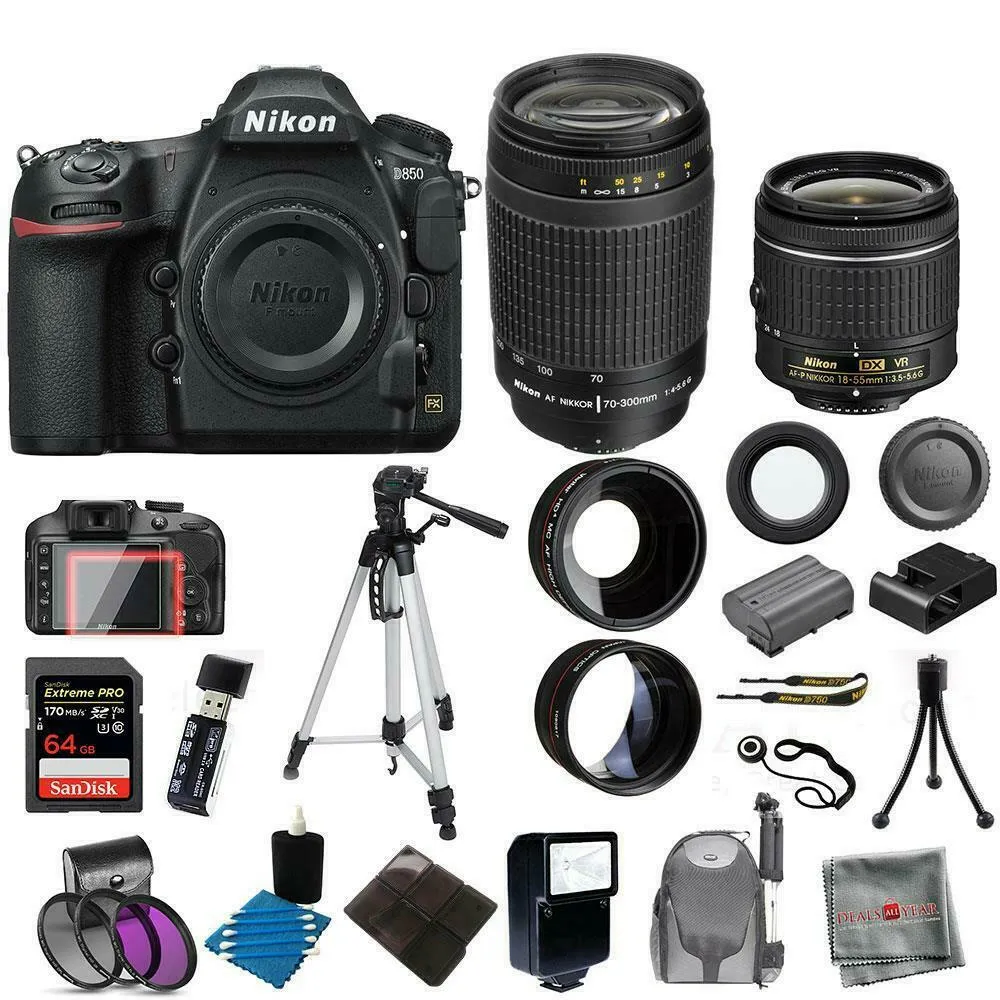 Nikon D850 DSLR Camera   4 Lens Kit: 18-55mm VR   70-300 mm   64GB Kit