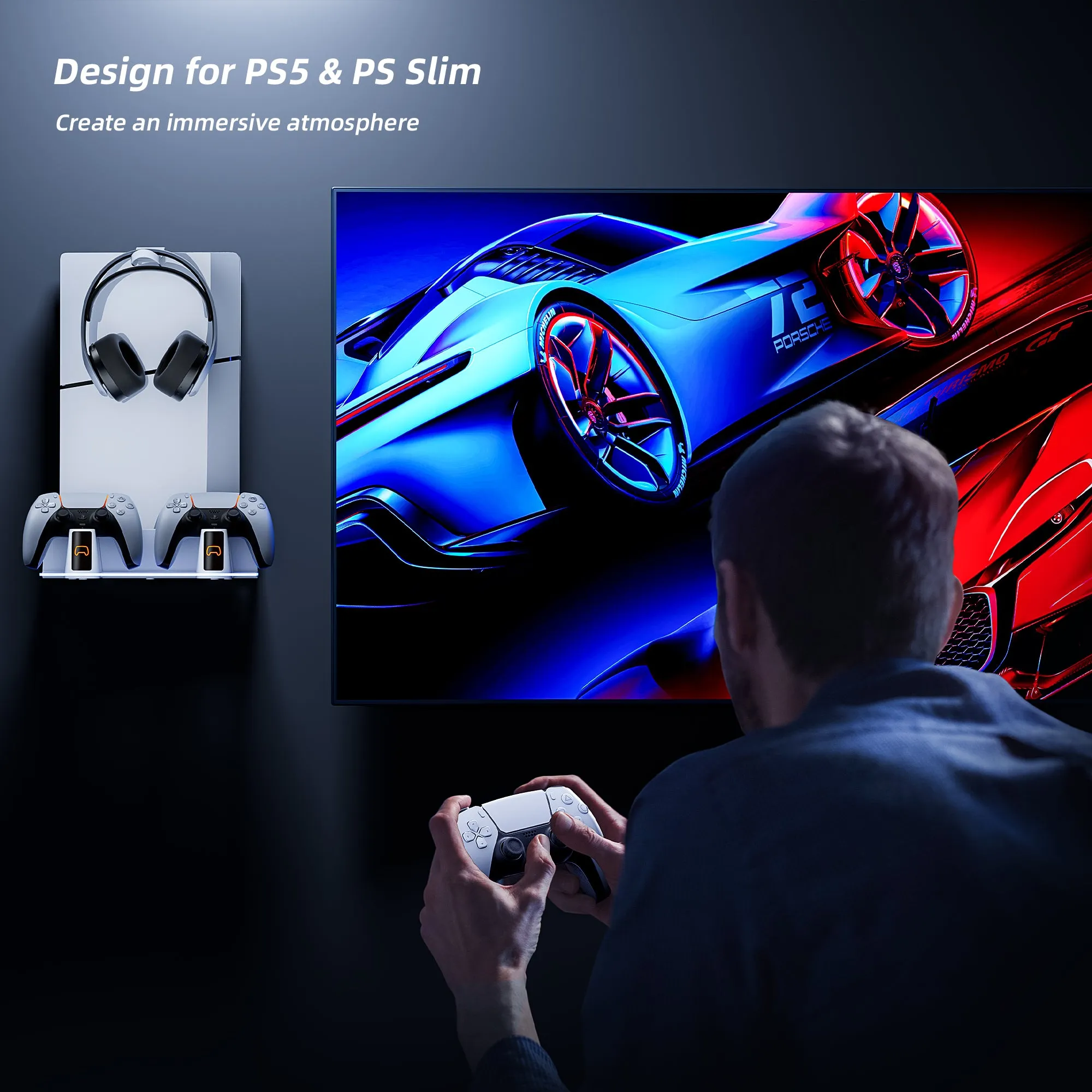 PS5 Wall Mount Kit with Charging Station, Compatible with PS5 Disc & Digital Version, Dual Use Charging Station with Multi-Mode RGB Light