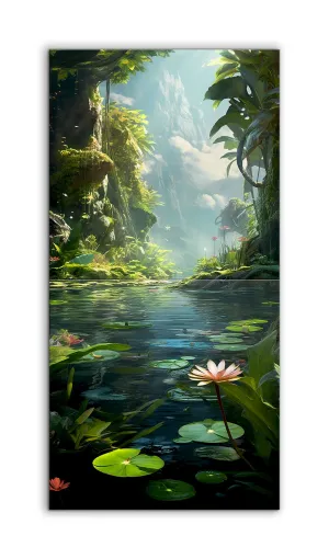 Serene Jungle Pond with Misty Mountains